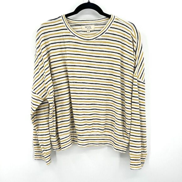 WVN Cream Yellow Striped Organic Cotton Terry Cloth Dolman Sleeve Top Medium - Picture 1 of 6